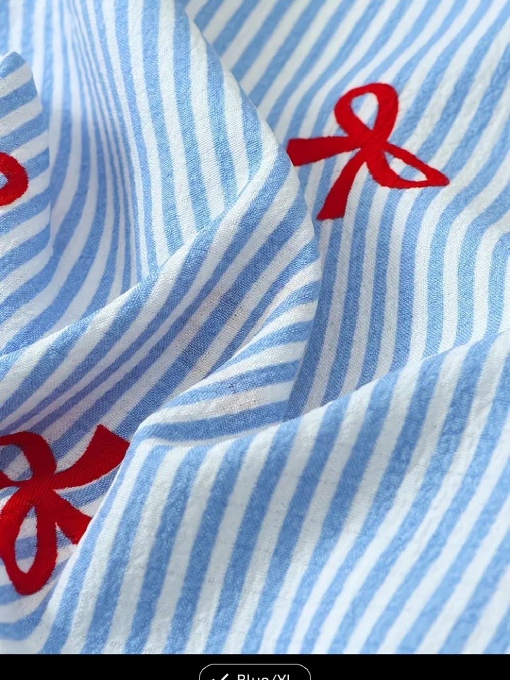 Blue Striped Red Bow Cotton Short Pajama Set - Women - Picture 3 of 6